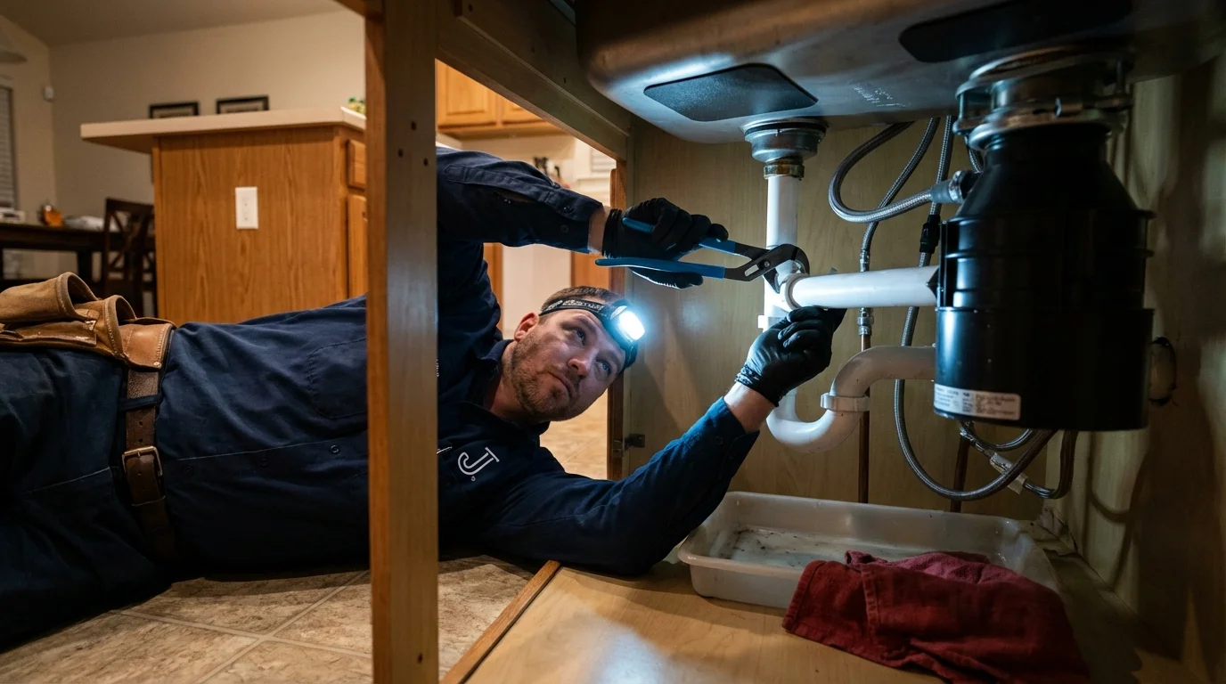 P-trap and supply line connections under a kitchen sink showing a common leak point in Orangeburg, SC